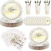 112PCS Bronzing Gold Happy Birthday Paper Plates Party Supplies Pack Disposable Tableware Set for Kids Serves 16 Guests Include Plates; Cups; Napkins;